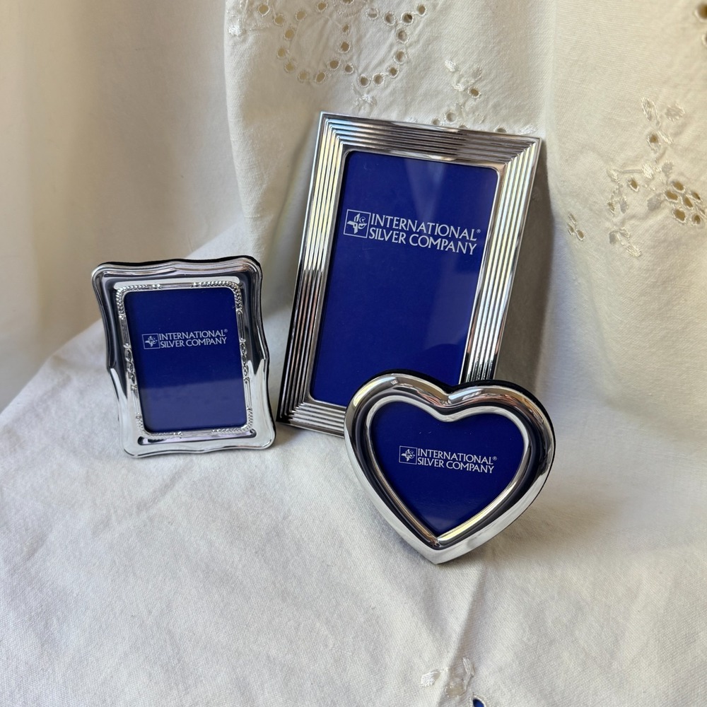 Vintage International Silver Picture Frame Set Trio Heart Ornate Cottage Whimsy